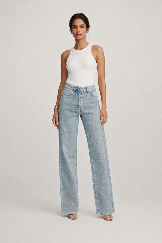 Amelie™ | Pantalón Vaquero con Pedrería Tiro Alto
