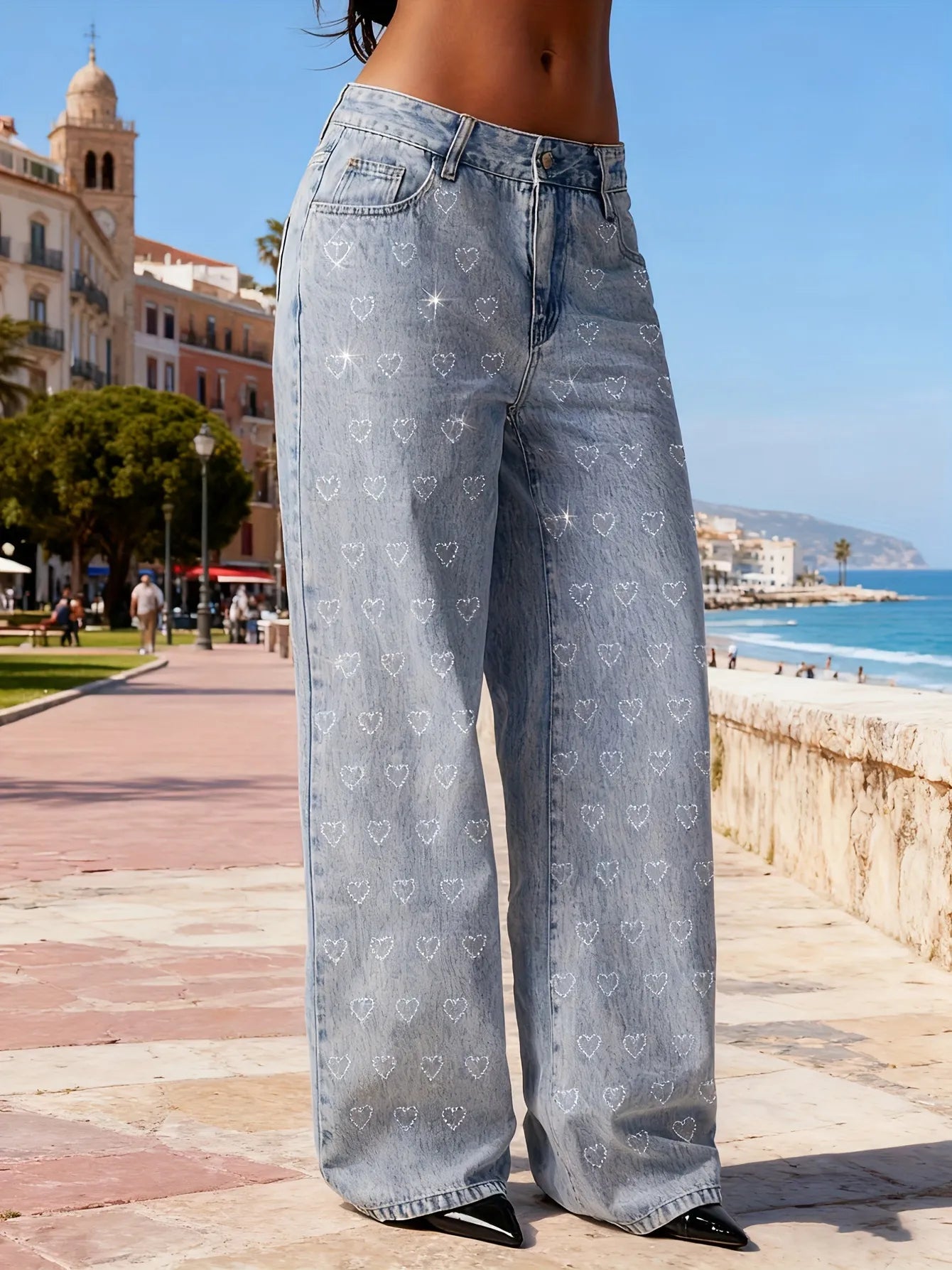 Kimberly™ | Jeans Tiro Alto con Corazones Brillantes